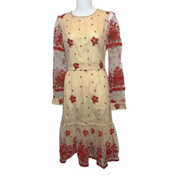 Shiran Dresses & Skirts - Midi Dress Embroidery Size 6 Red Fit Flare Lace Tulle Cocktail Gown Fairy
